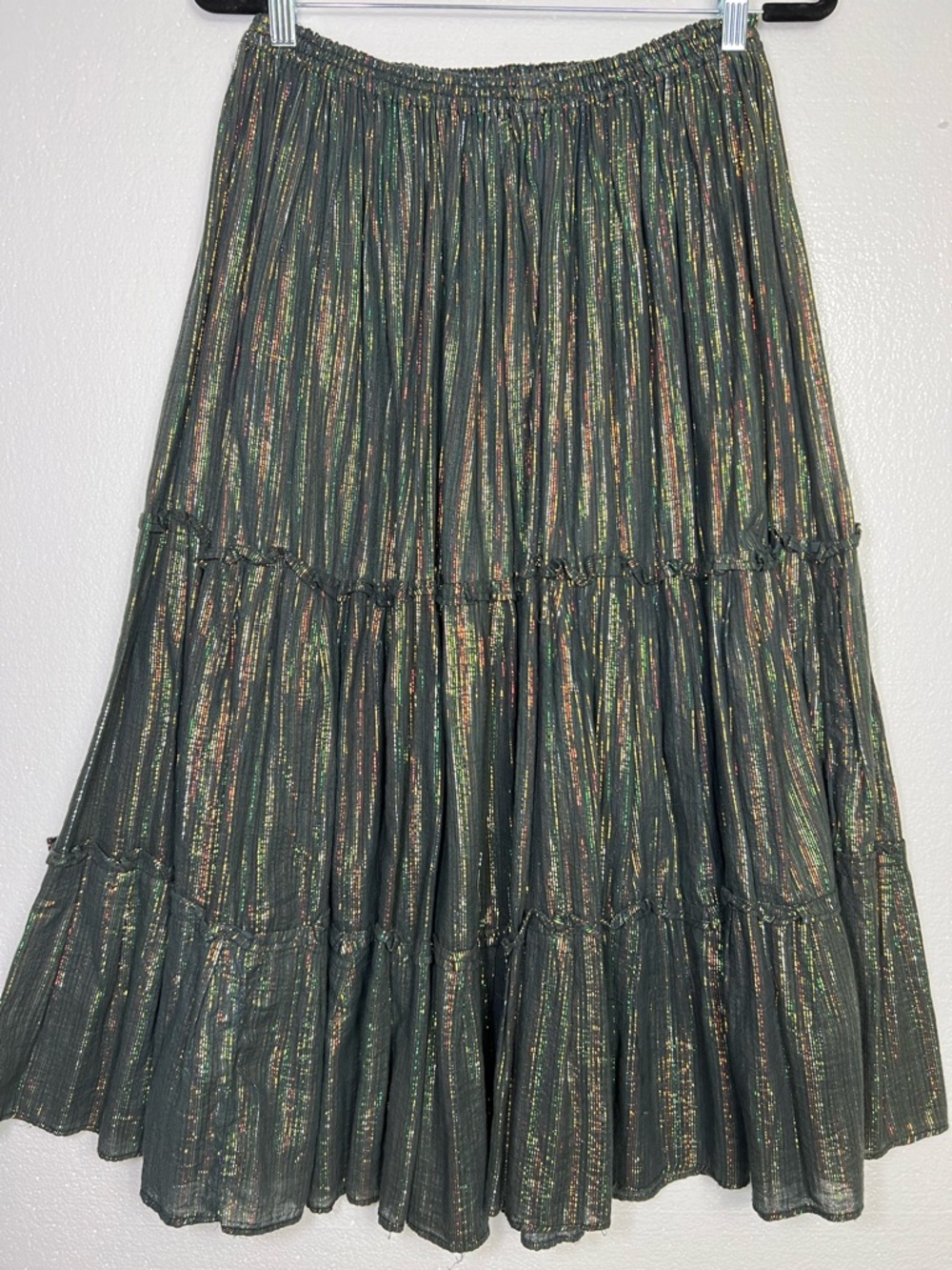 Kaiser vintage Metallic Pleated Tiered Midi Skirt Elastic Waist Shimmer Boho M